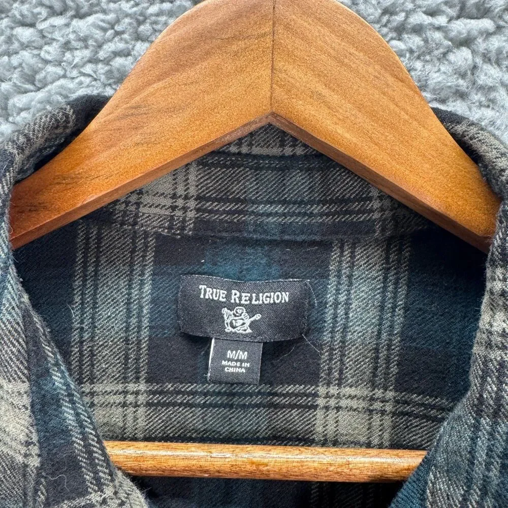 True Religion Flannel Shirt Mens M Green Plaid Western Triple Needle